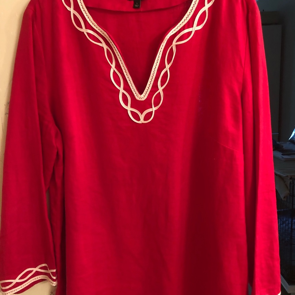 Talbots Linen Tunic w/ White Braid Trim